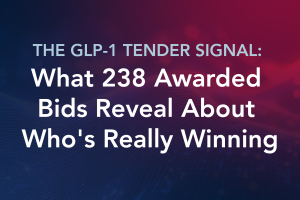 Graphic titled "The GLP-1 Tender Signal: What 238 Awarded Bids Reveal About Who's Really Winning" on a dark blue and red gradient background.